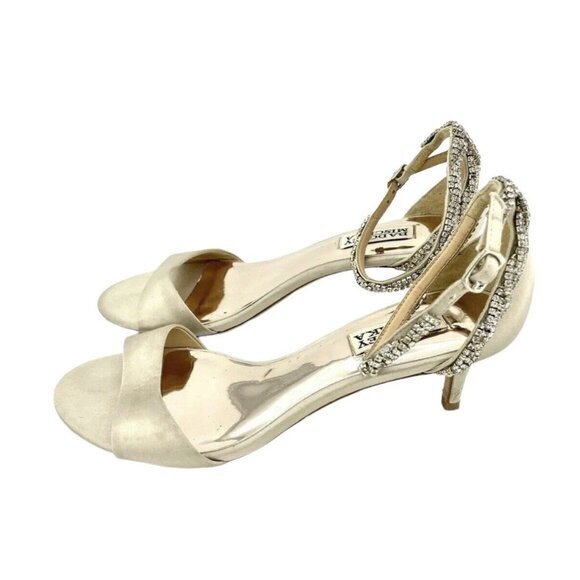 Badgley Mischka Shoes - Badgley Mischka Yareli Beige Satin Kitten Heel Rhinestone Sandals SZ 7.5